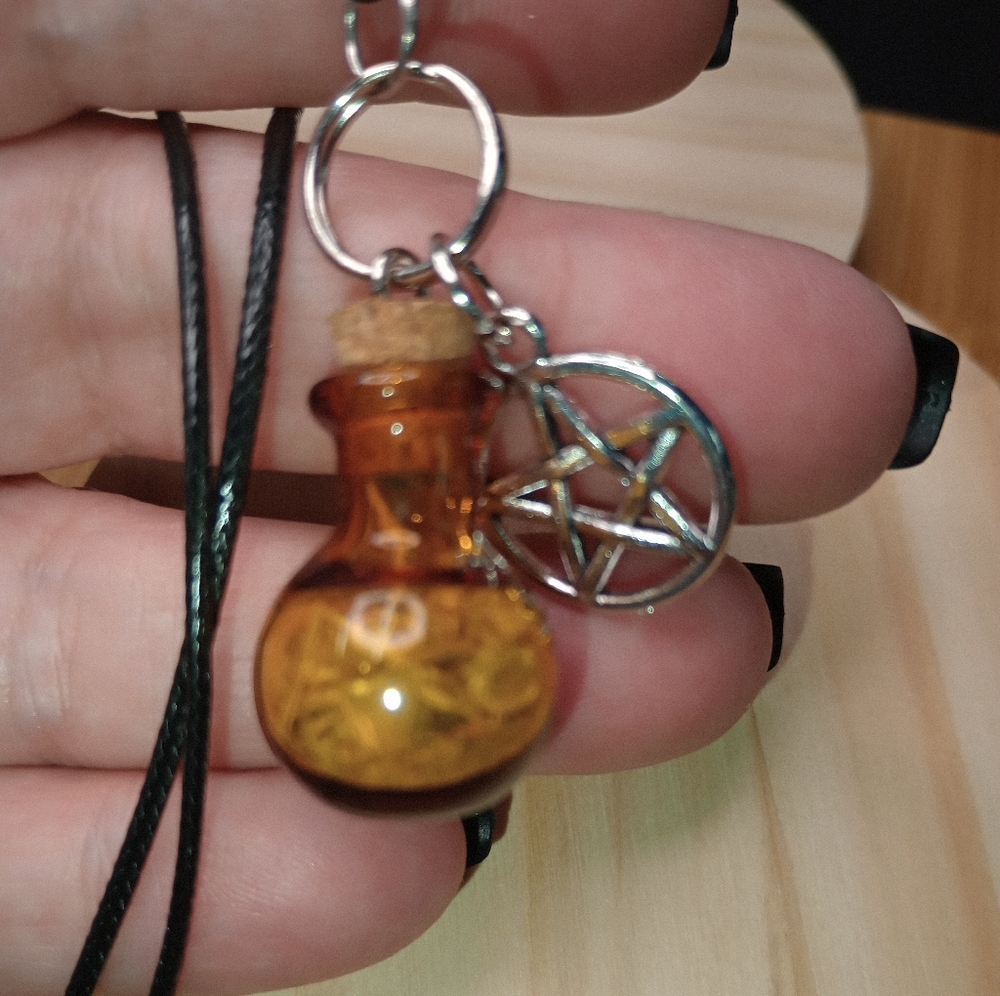 Handcrafted Protection Bottle Adjustable Black Cord Necklace With Pentagram